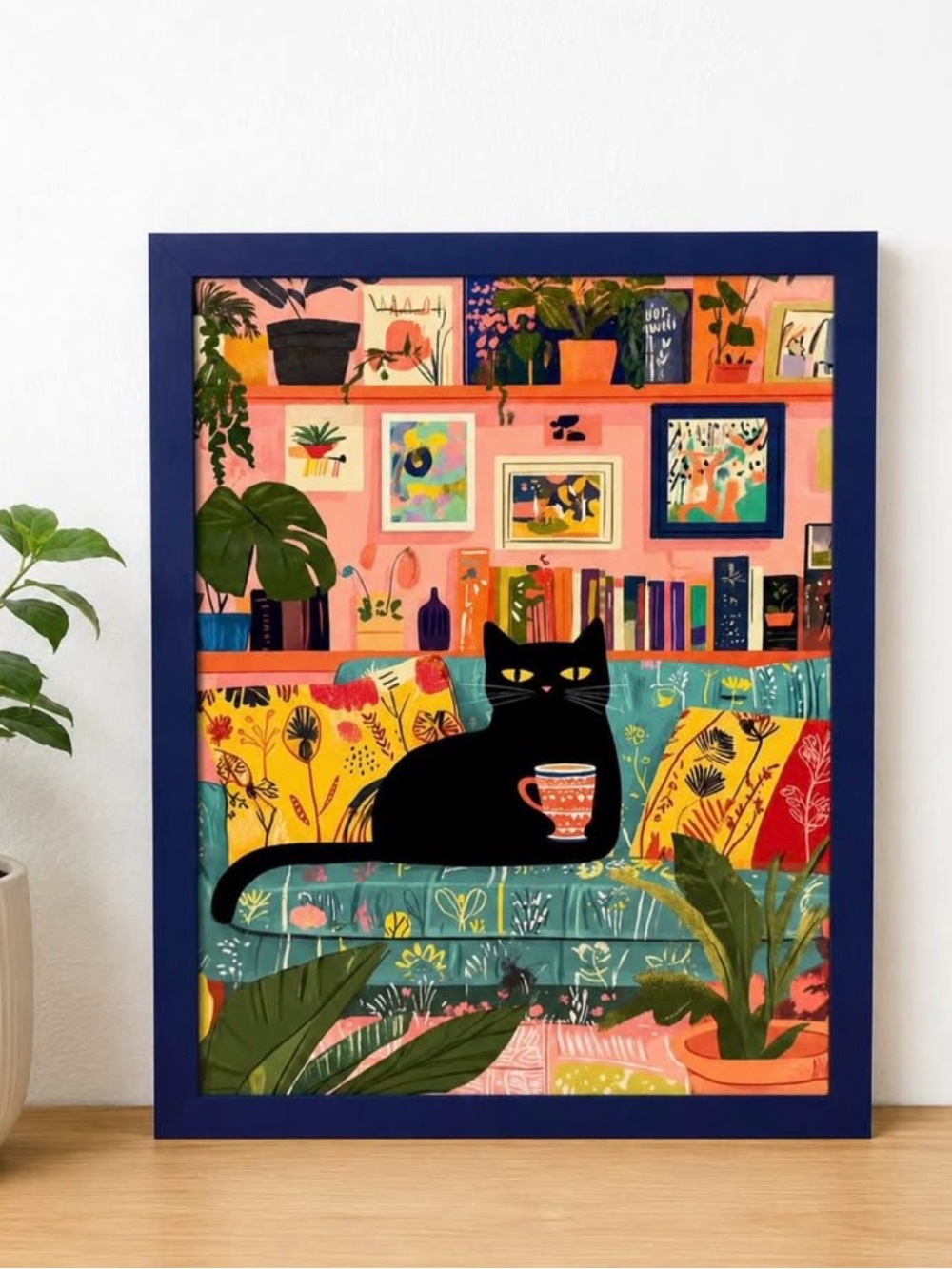 Framed Black Cat on Couch Print in Blue Frame 12x16